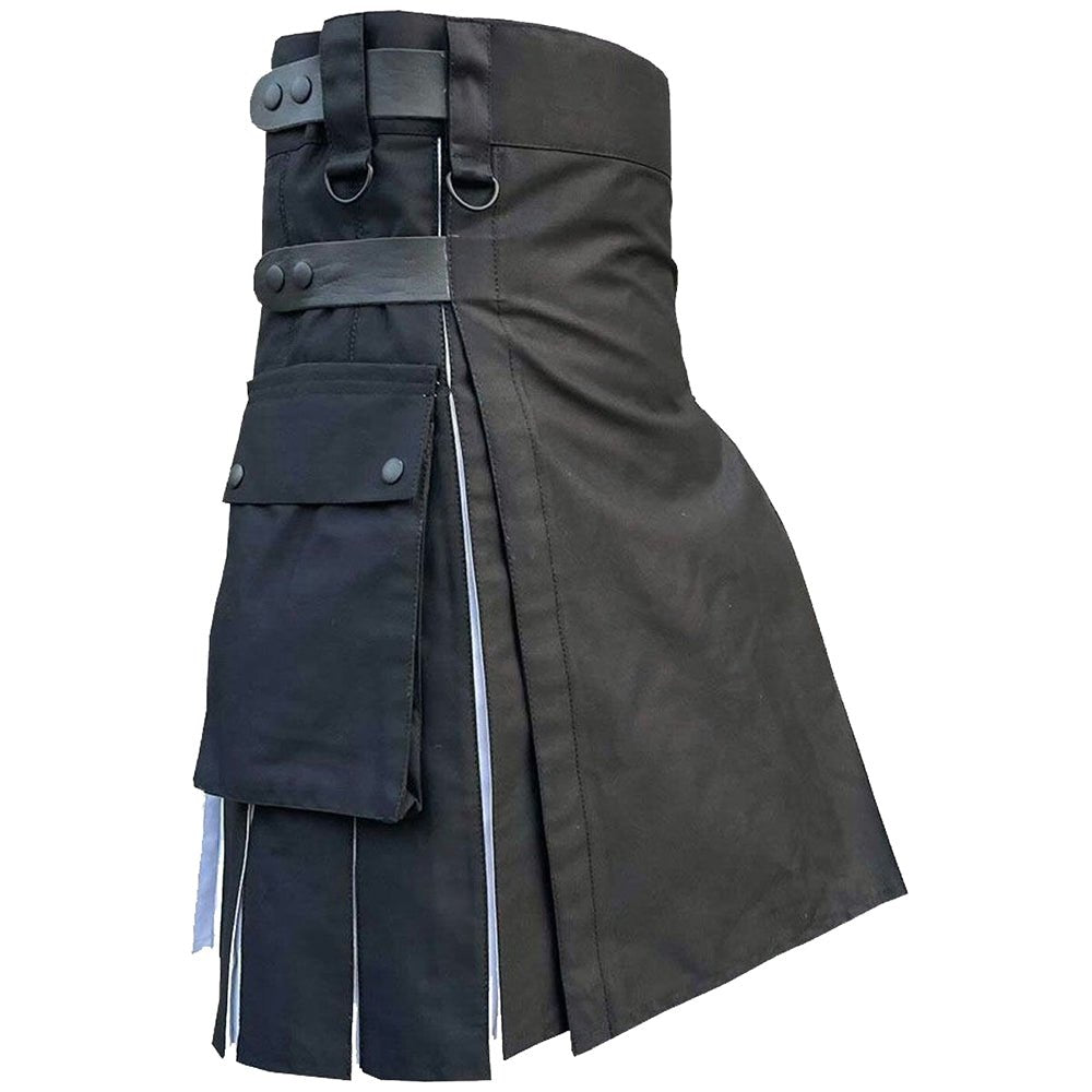 Black & White Simple 2 Side Pocket Utility Kilt - Kilt Kingdom