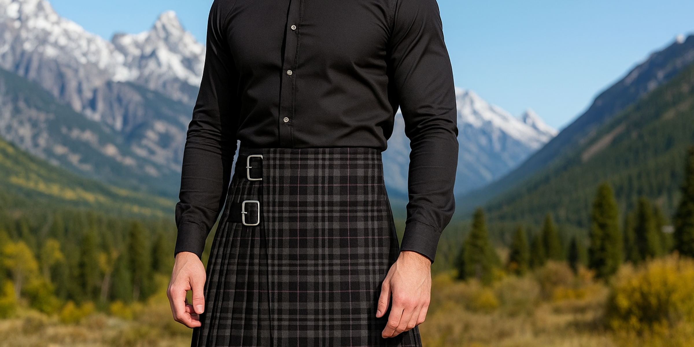 Black & Grey Tartan Kilt – Modeled View for Style Reference
