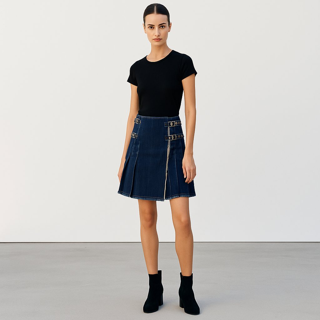 Women's Blue Denim Pleated Kilt – Stylish Streetwear Fusion