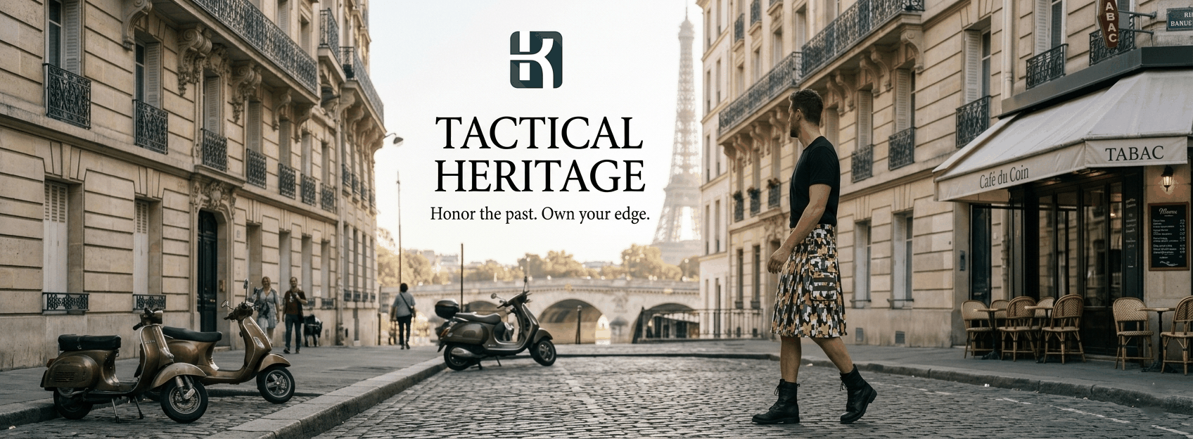 Man wearing a tactical camo kilt walking through the streets of Paris