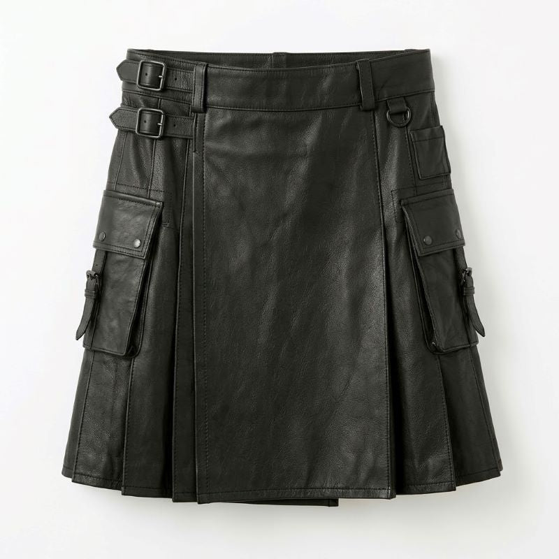 Men's Black Leather Utility Kilt with Cargo Pockets and Buckles