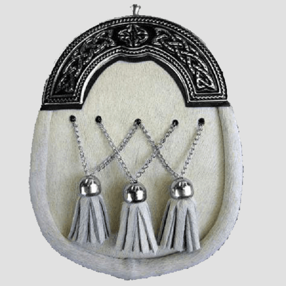White Calfskin Full Dress Black Enamel Cantle With Free Chain Belt - Kilt Kingdom