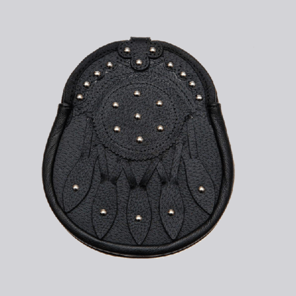 Studded Targe Black Leather Sporran With Free Chain Belt - Kilt Kingdom