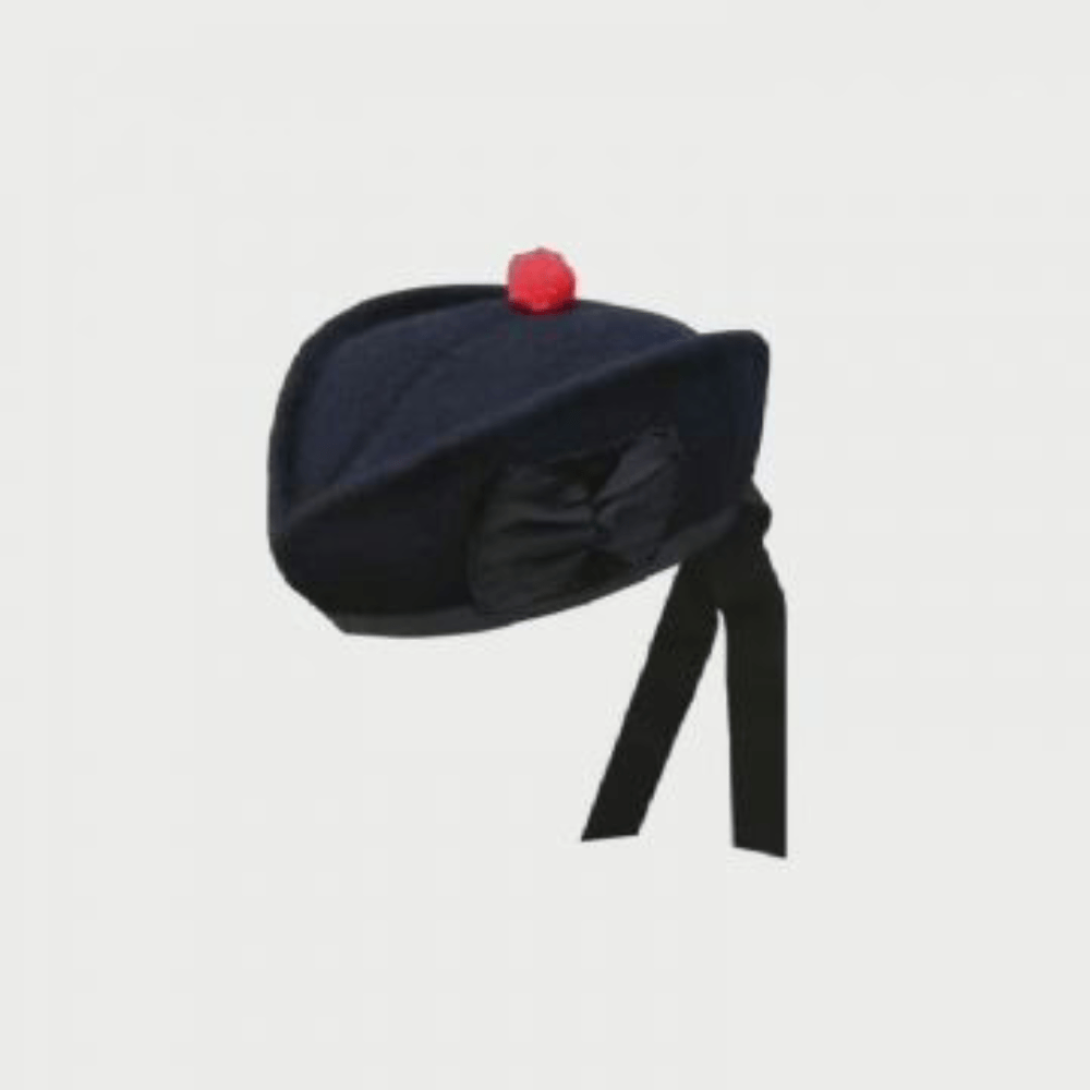 Plain Black Highland Glengarry Cap With Red Pom - Kilt Kingdom