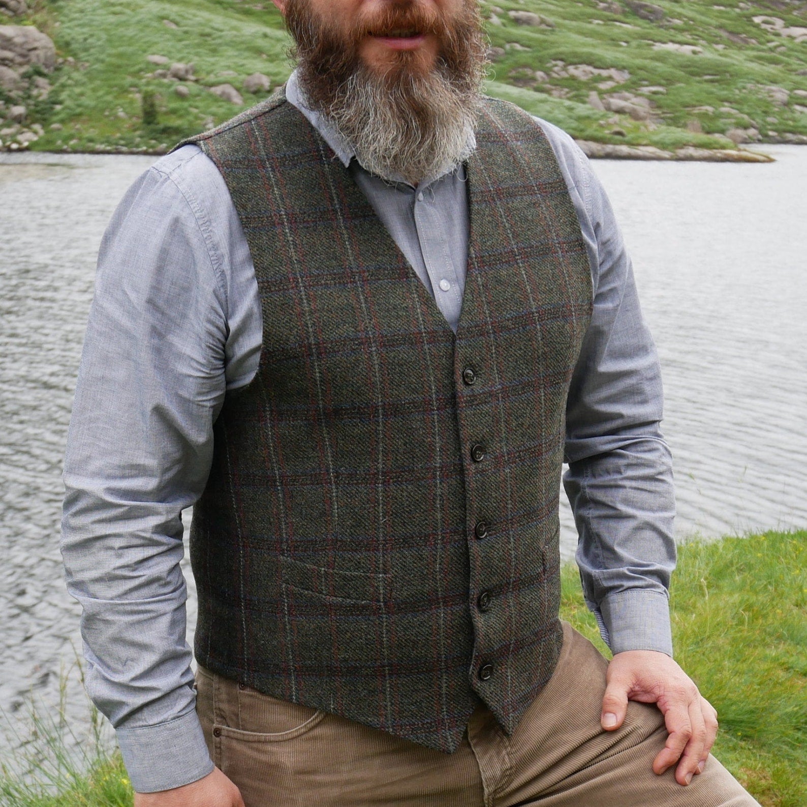 Irish Tweed Waistcoat - Peaky Blinders Style Vest - Green Irish Tartan/Plaid with Blue/Red Check - 100% Wool - Kilt Kingdom