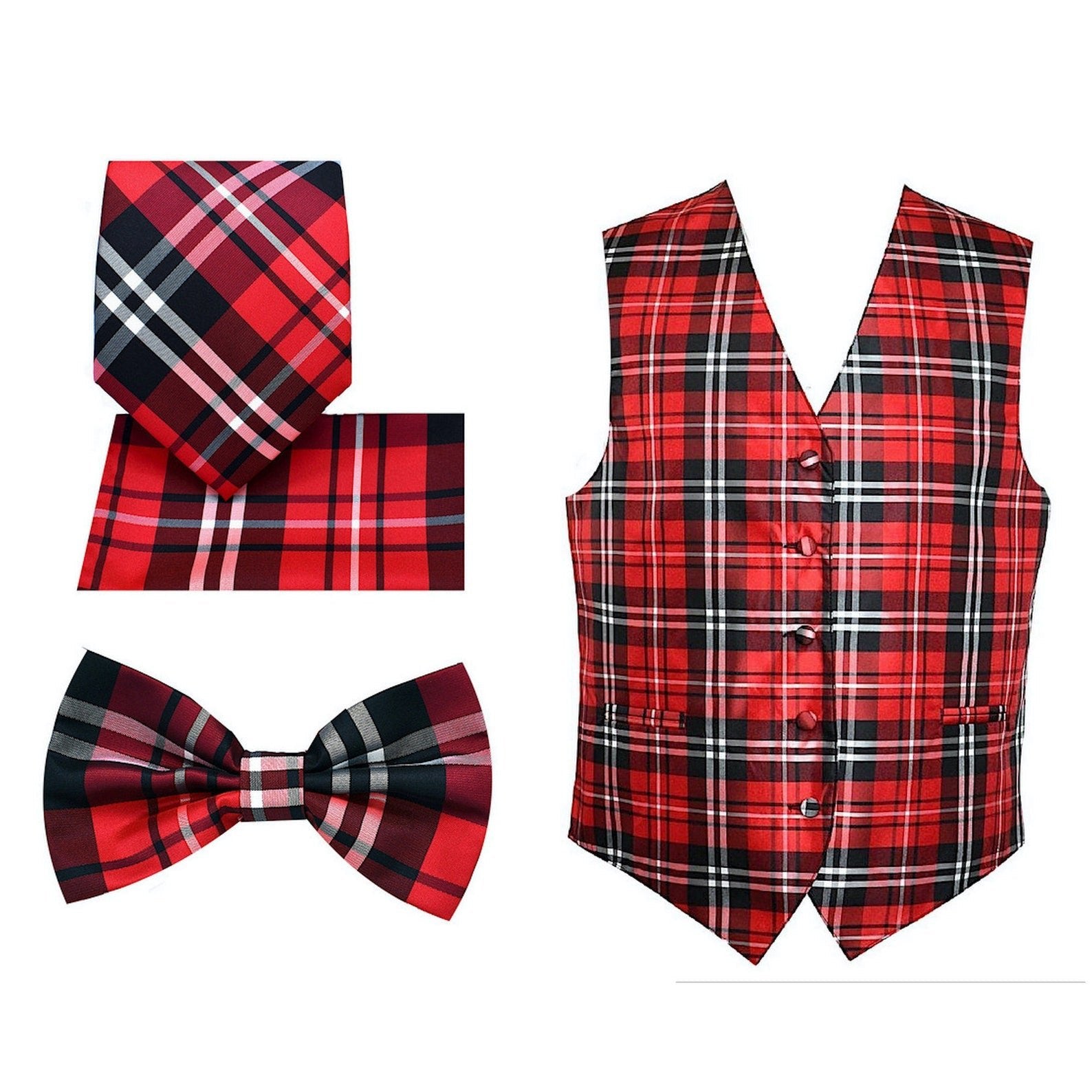 Men's 4pc Plaid Design Tuxedo Vest Formal Waistcoat Vest Prom Vest Wedding Vest Necktie Bowtie Handkerchief Burgundy - Kilt Kingdom