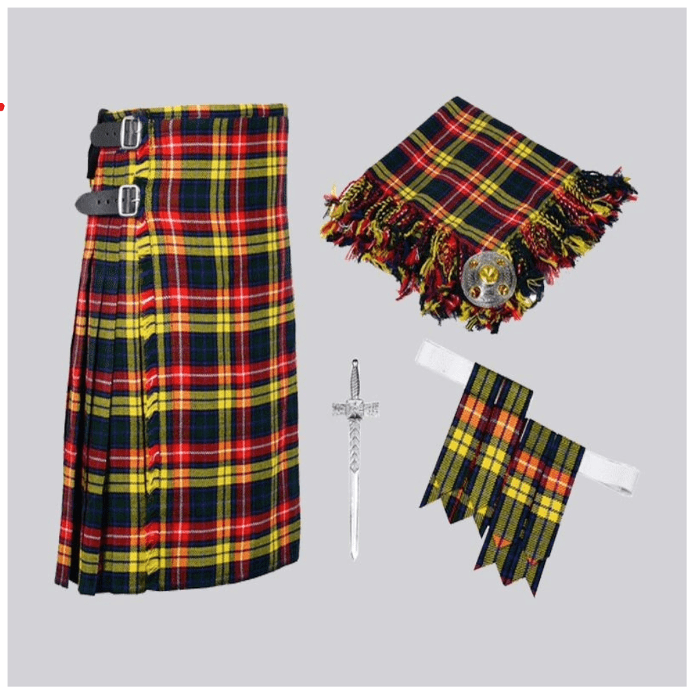 Scottish 8 Yard Buchanan Tartan Kilt Package Kilt Flyplaid Flashes Kilt Pin Brooch - Kilt Kingdom