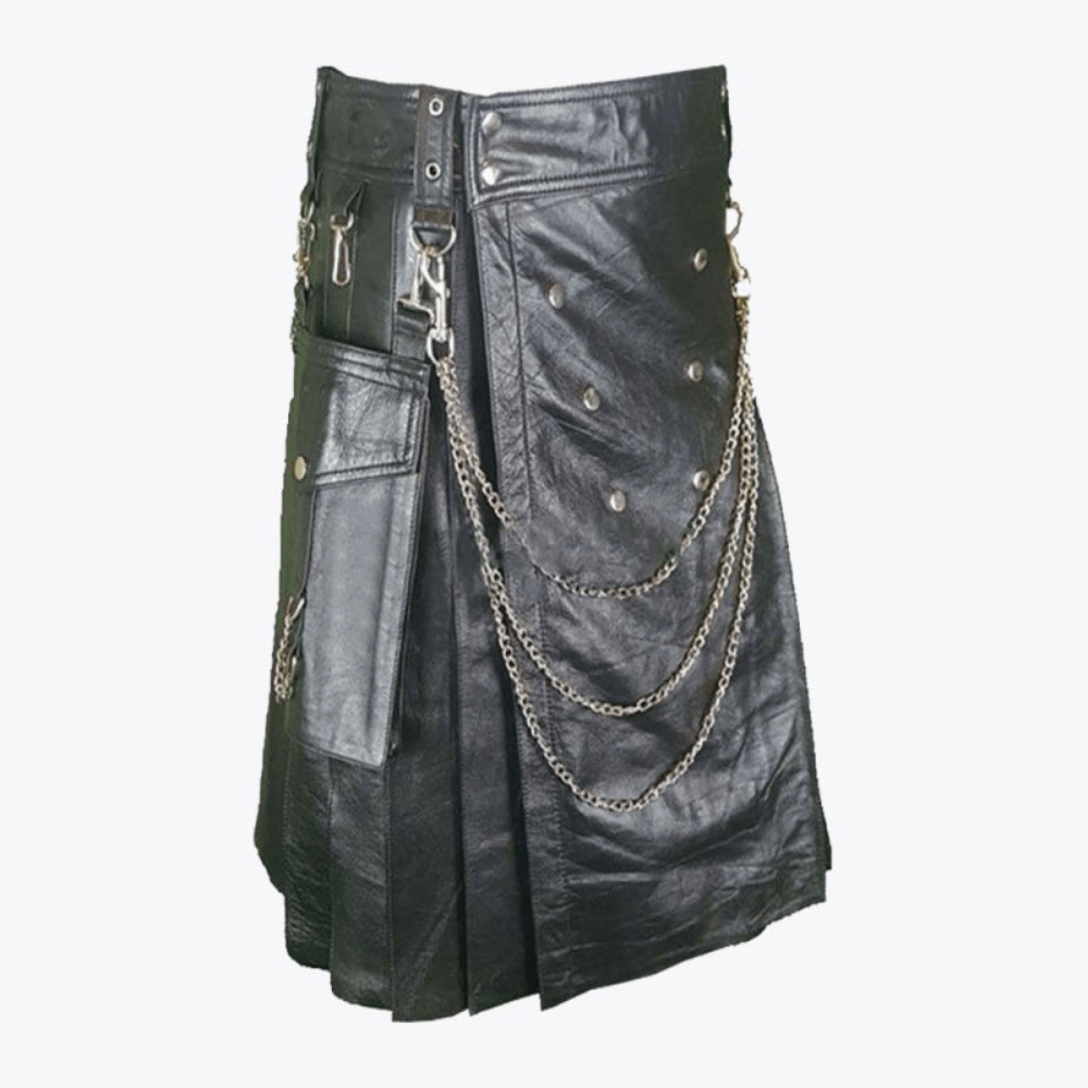 Black Leather Kilt in Gothic Style - Kilt Kingdom