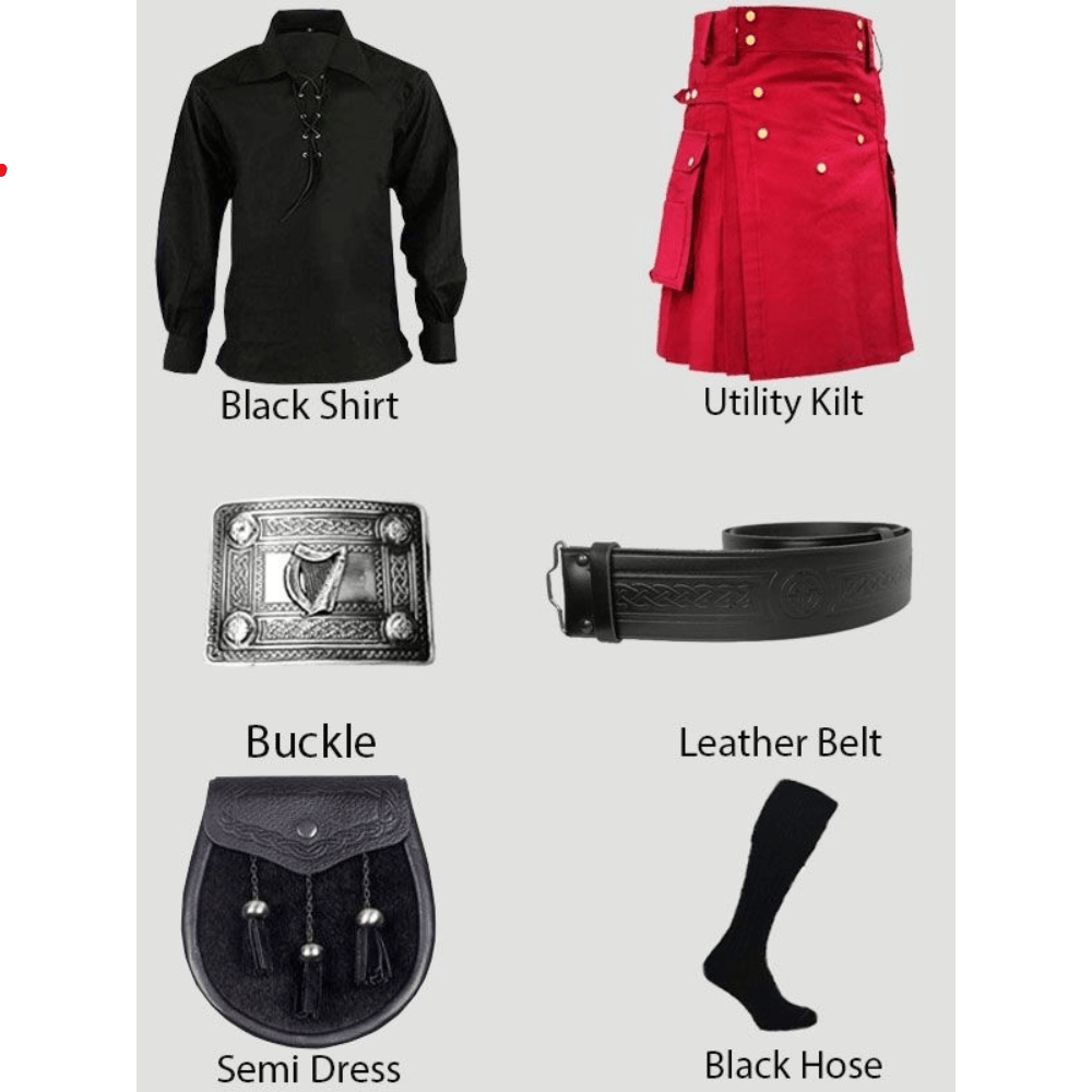Red Utility Kilt & Black Shirt With Accessories Deal - Kilt Kingdom