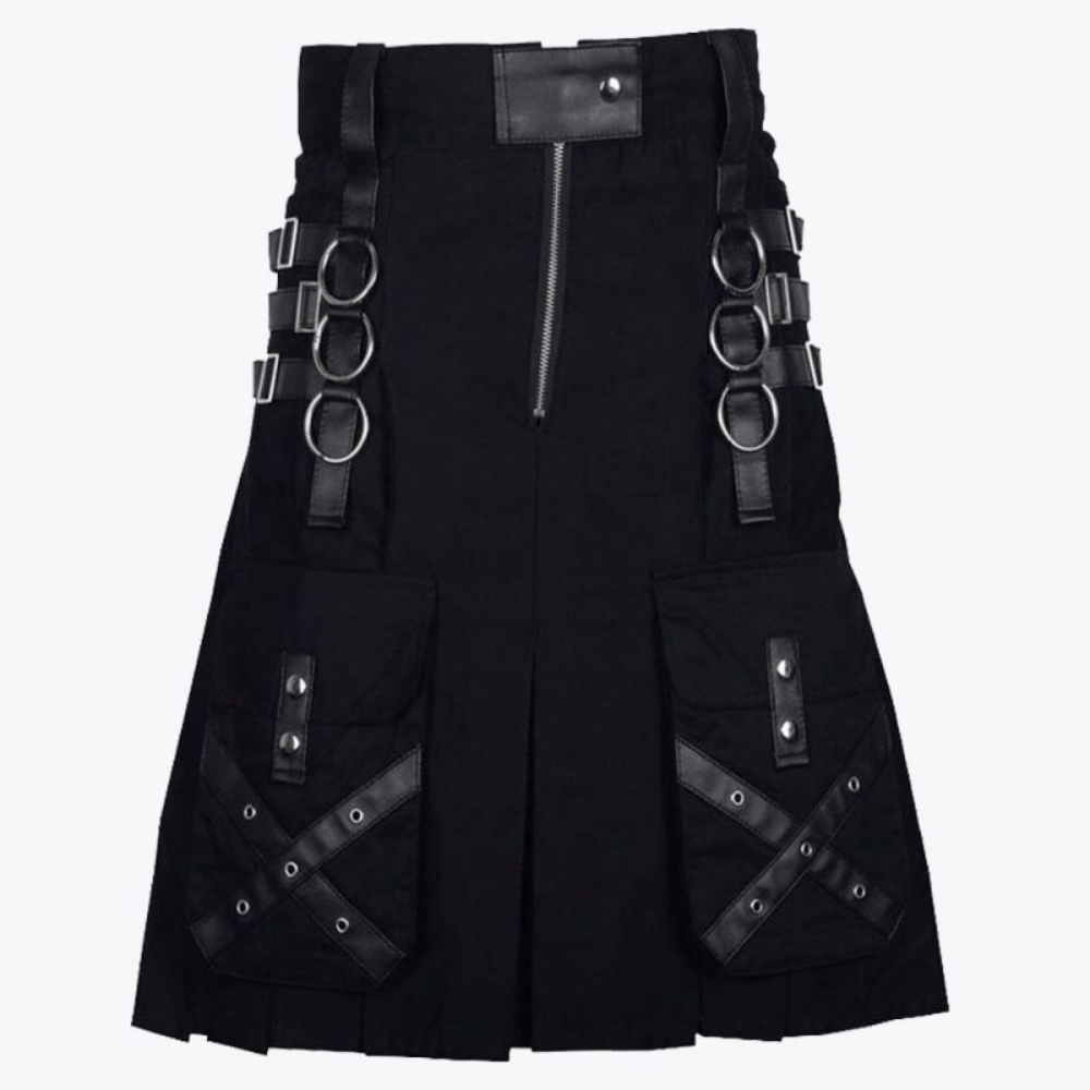 Gothic Throng Leather Straps Black Cotton Kilt - Kilt Kingdom