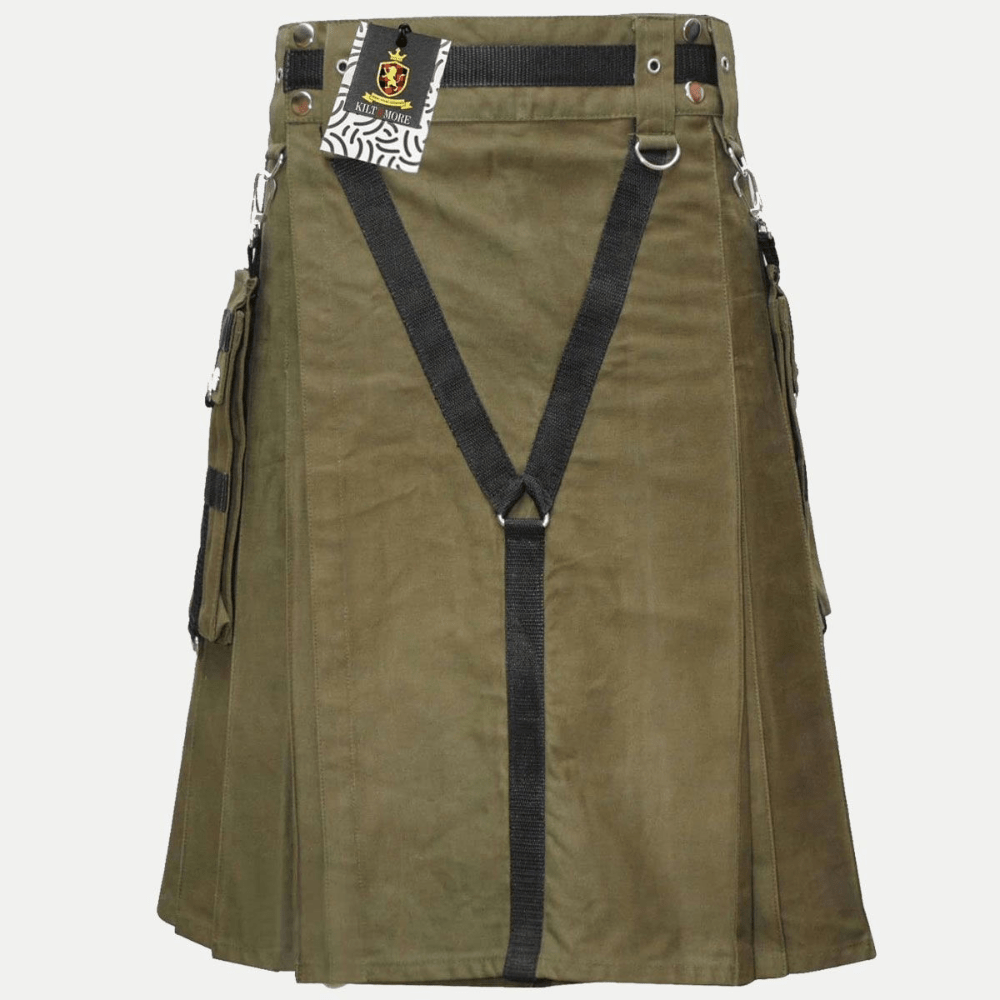 Cotton Olive Green Utility Kilt - Kilt Kingdom