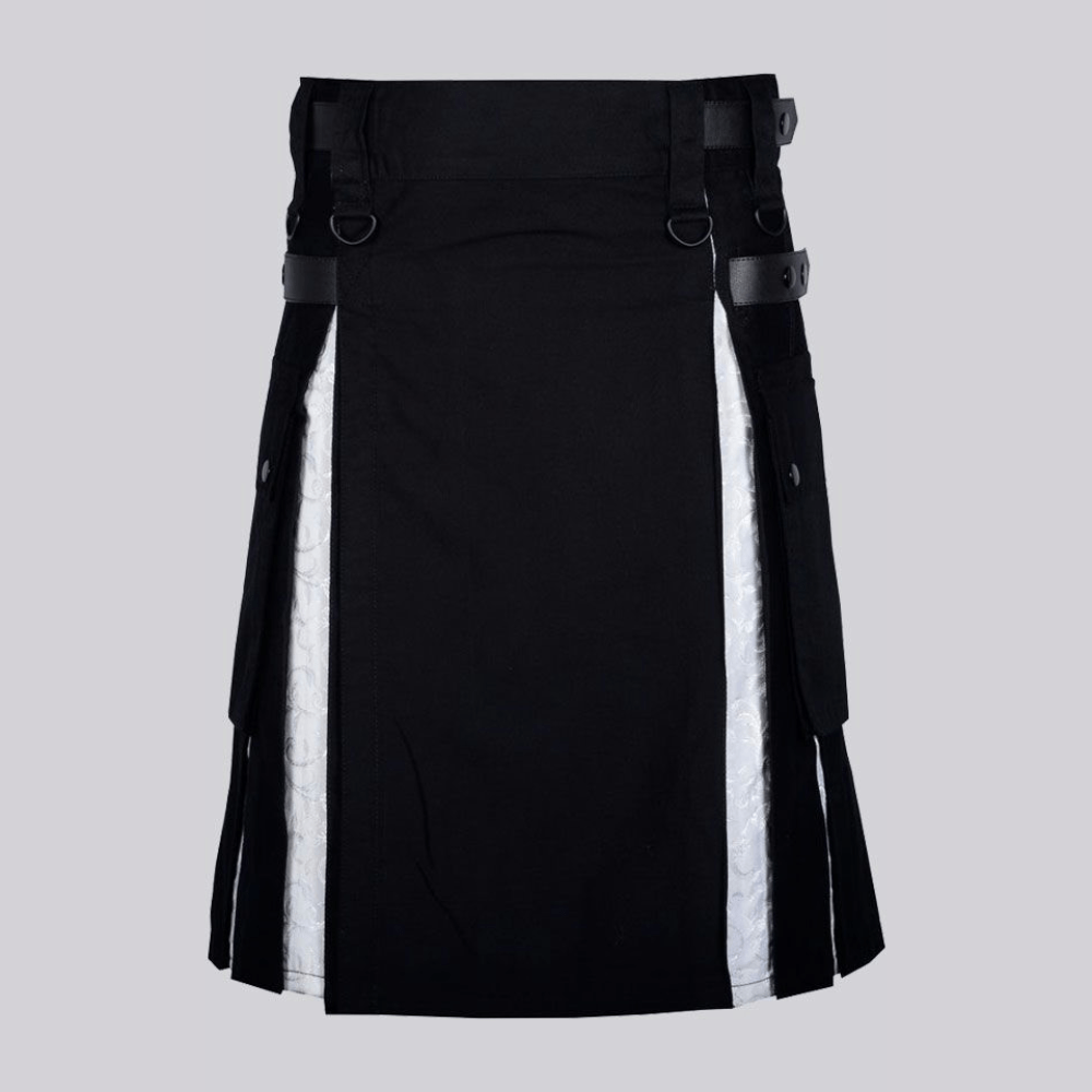Hybrid Black Cotton Gothic Kilt Skirt with White Brocade Under Pleats - Kilt Kingdom