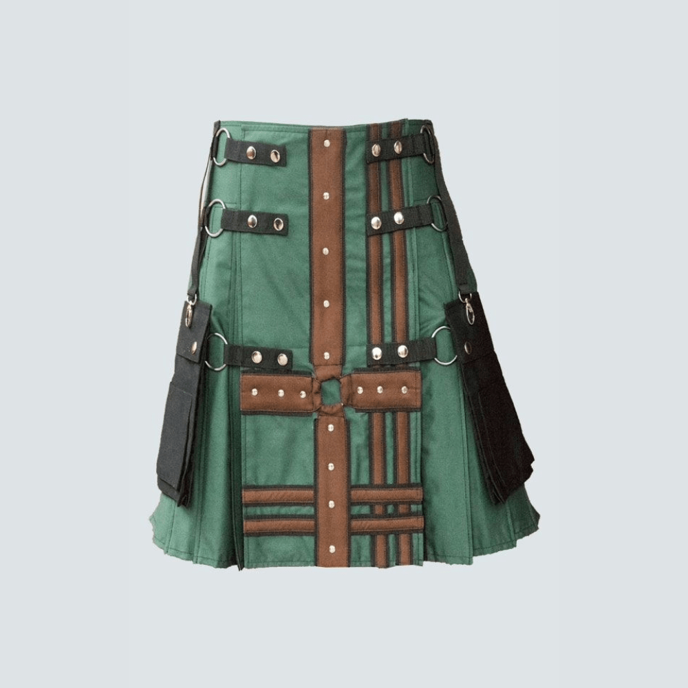 Hunter Green With Brown Medieval Modern Hybrid Kilt - Kilt Kingdom
