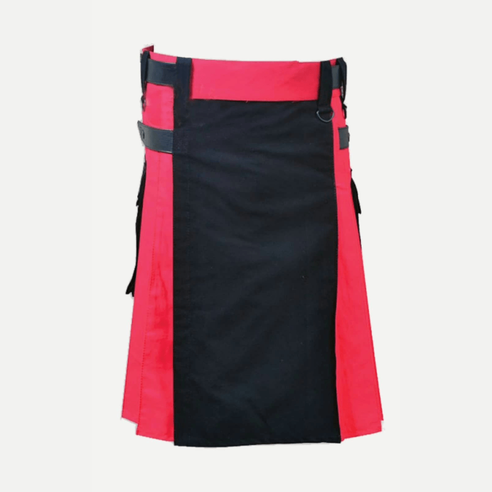 Black and Red Double Tone Kilt With Leather Straps - Kilt Kingdom