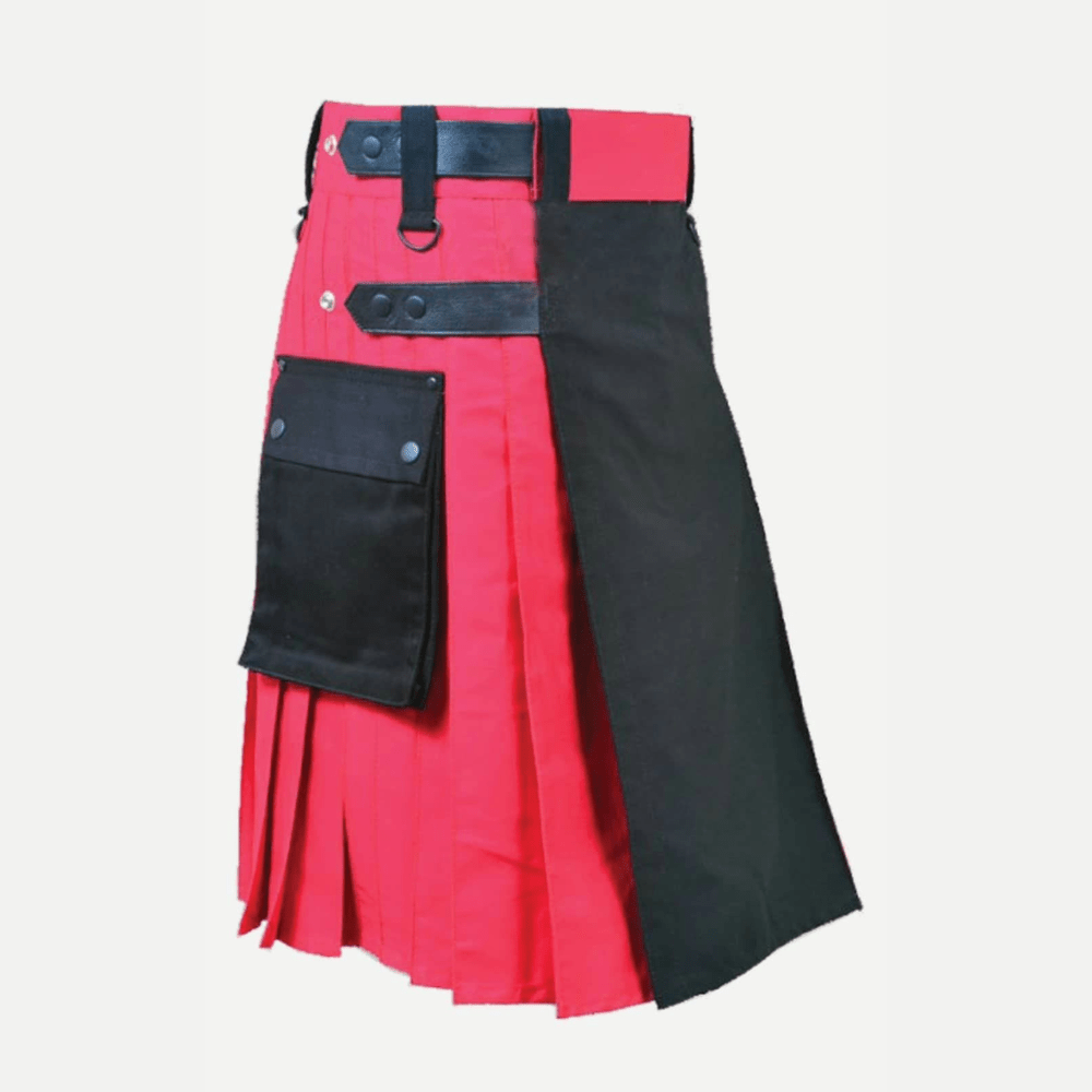 Black and Red Double Tone Kilt With Leather Straps - Kilt Kingdom
