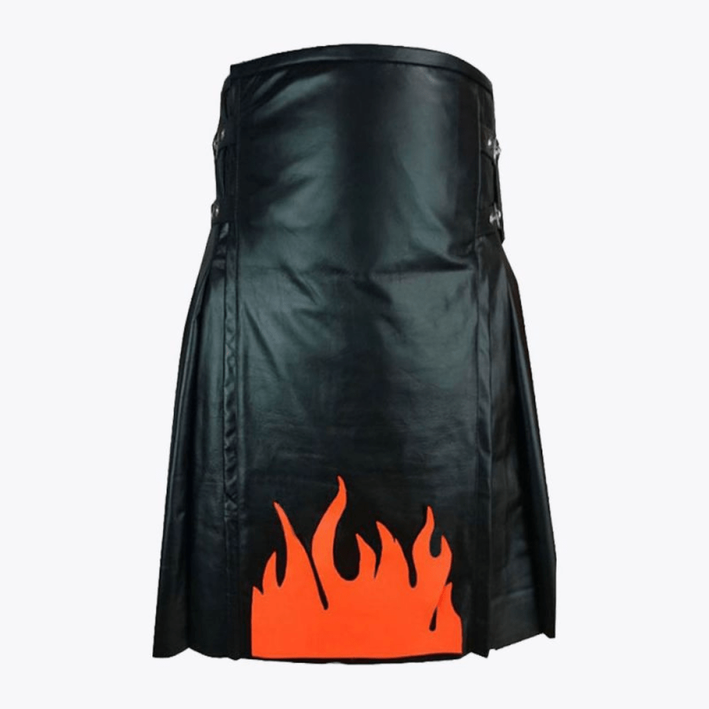 Fire Flame Black Leather Kilt - Kilt Kingdom