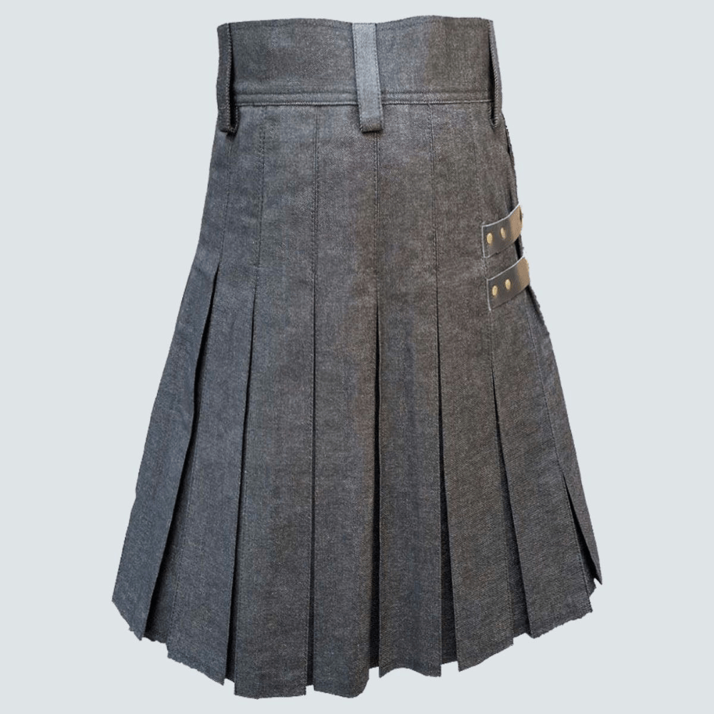 Black Denim Leather Strip Kilt For Men - Kilt Kingdom