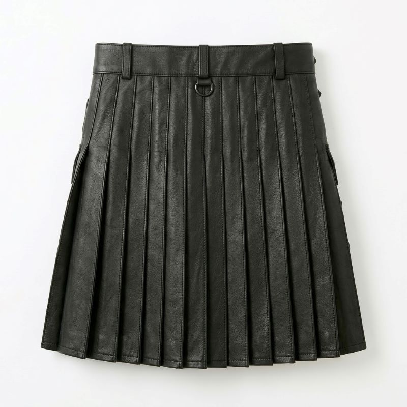 Men's Black Leather Utility Kilt with Cargo Pockets and Buckles