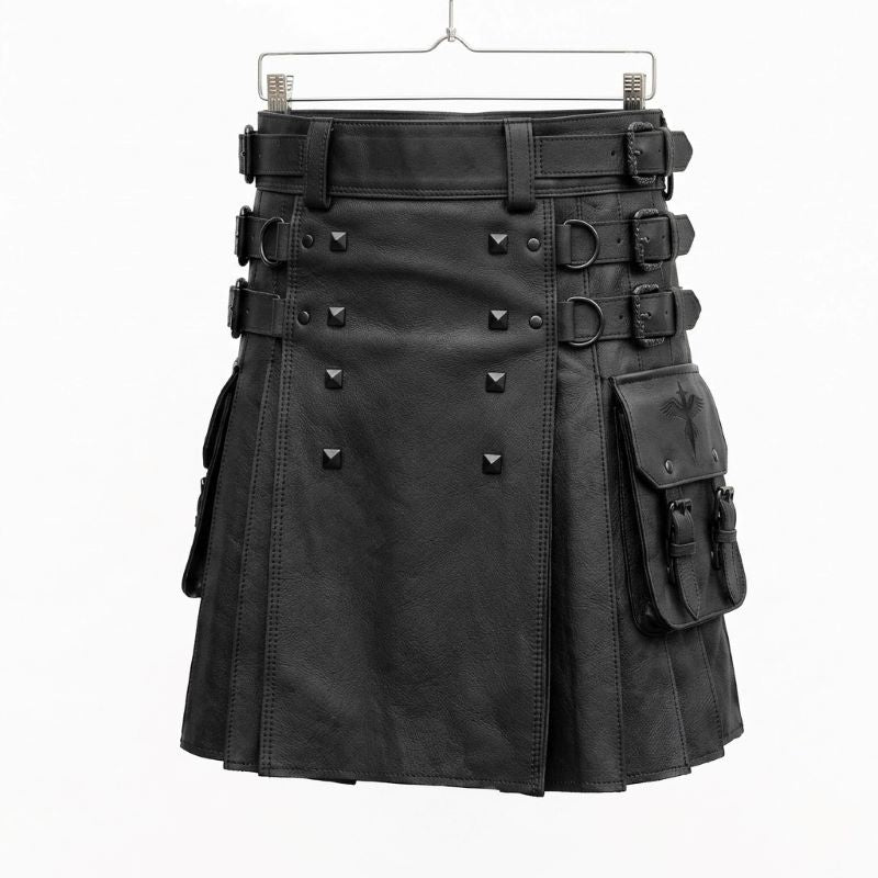 Men's gothic black leather utility kilt featuring side cargo pockets, metal buckles, and pleated panels against a white background.