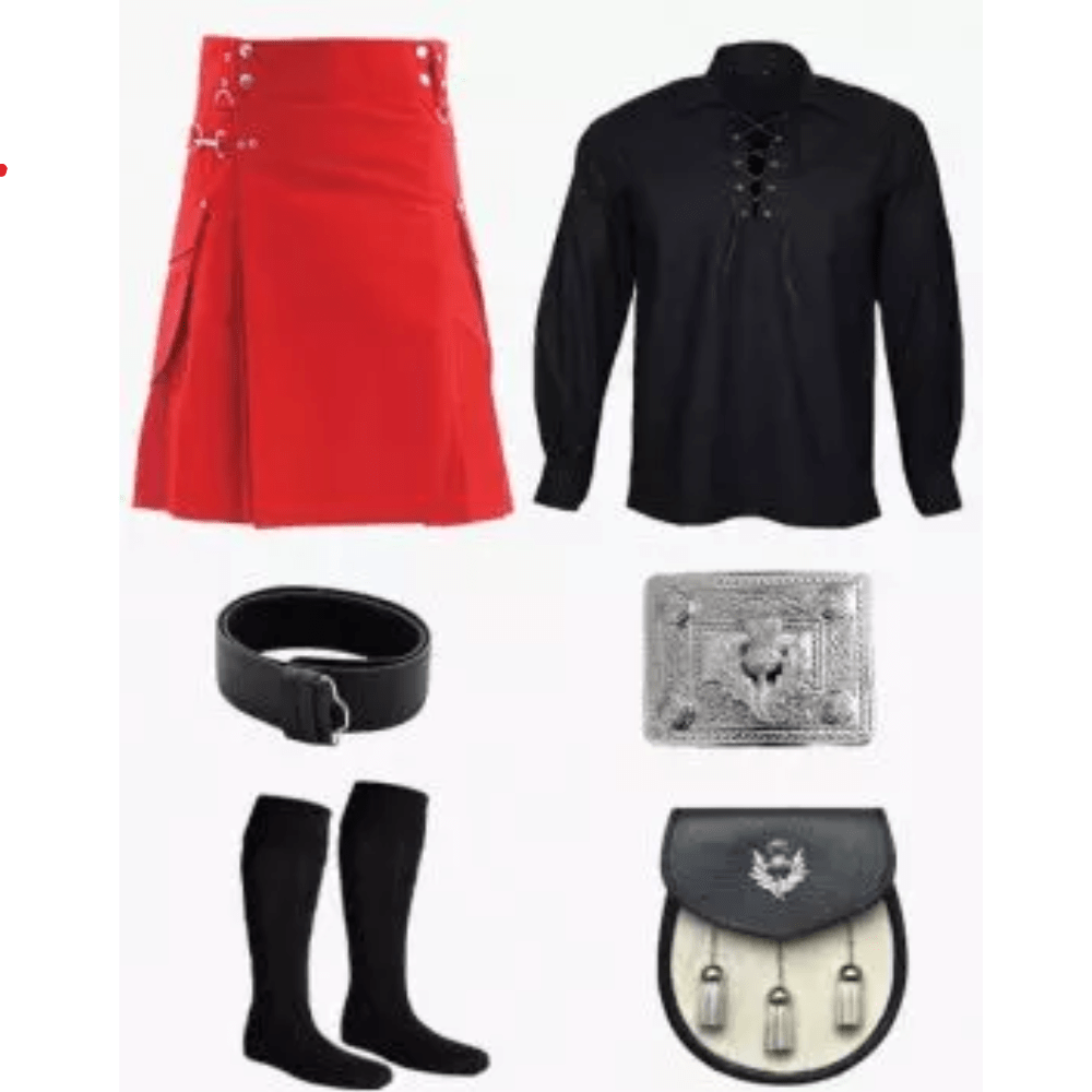Red Cargo Kilt with Black Shirt and Accessories Deal - Kilt Kingdom