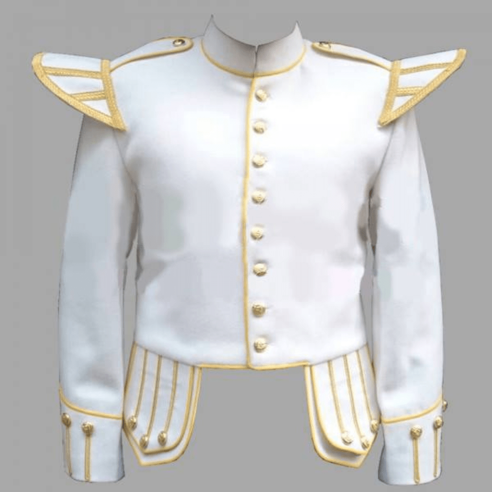 White Fancy Doublet Piper Kilt Jacket with Gold Trim - Kilt Kingdom