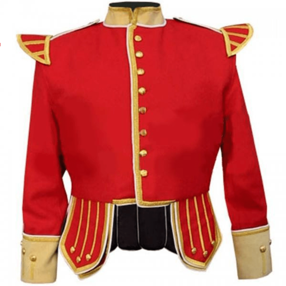 Red Buff Fancy Doublet Piper Kilt Jacket with Gold Trim - Kilt Kingdom