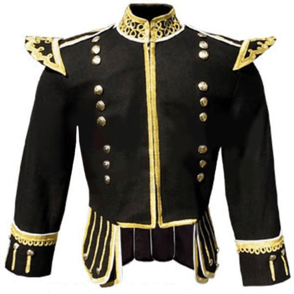 Black Fancy Doublet Piper Kilt Jacket with Standing Collar - Kilt Kingdom
