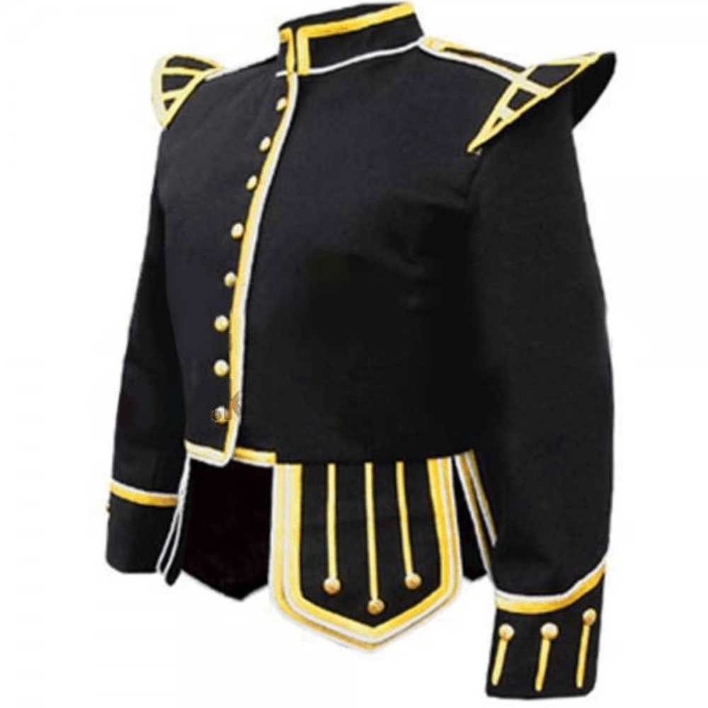 Black Fancy Doublet Piper Kilt Jacket with Gold Trim - Kilt Kingdom