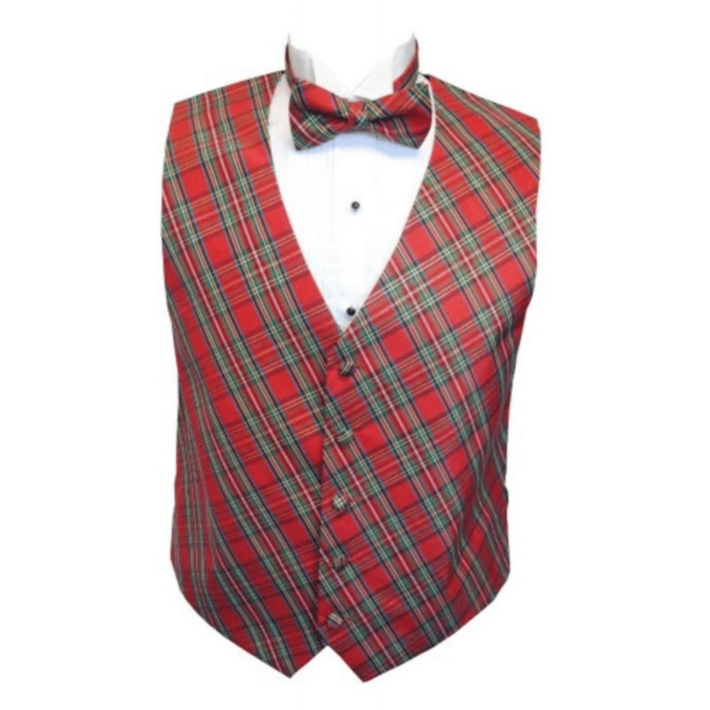 Red Stewart Holiday Tartan Plaid Tuxedo Vest and Bow Tie Set - Kilt Kingdom