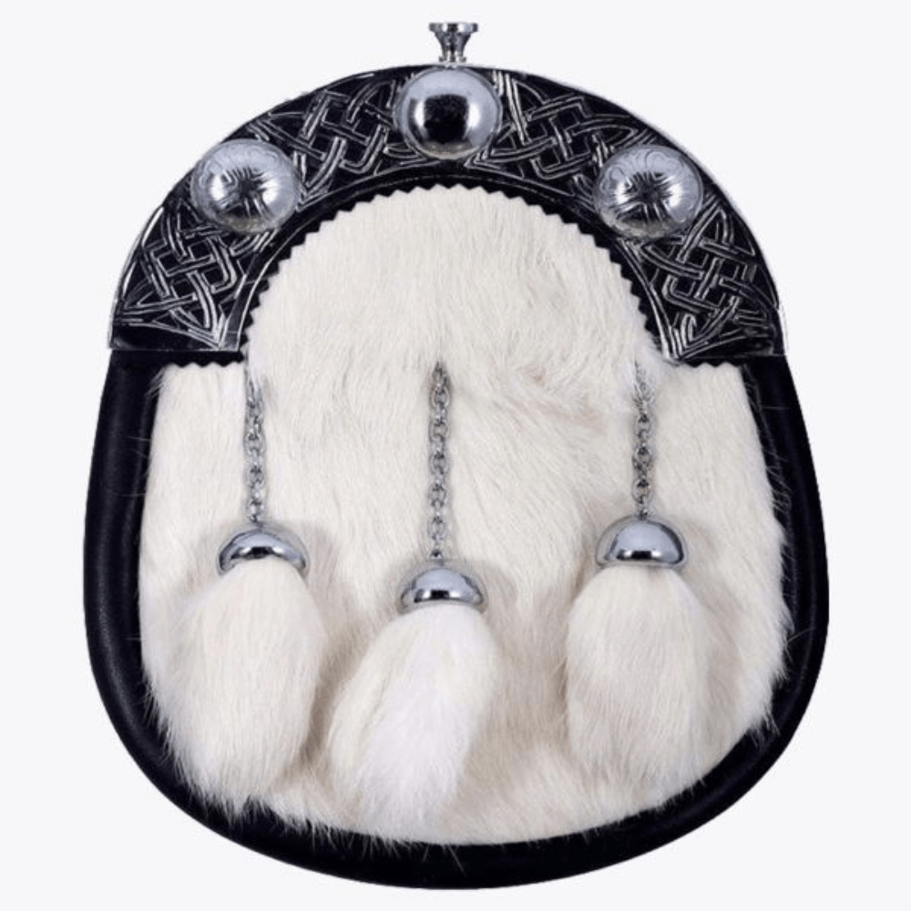 Full Dress Chrome Knot and Weave Cantle White Rabbit Fur - Kilt Kingdom