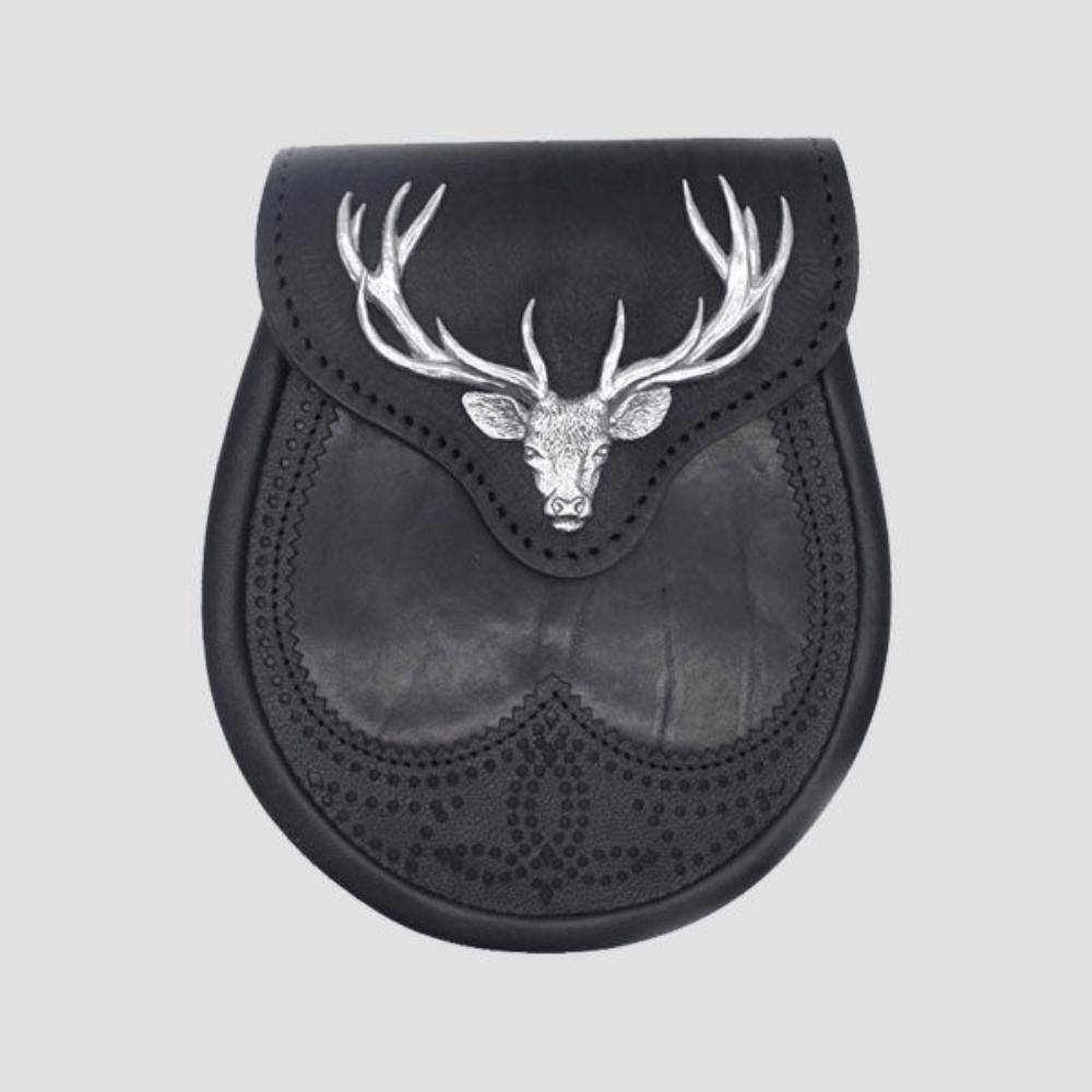 Black Stag Head Leather Sporran With Free Chain Belt - Kilt Kingdom