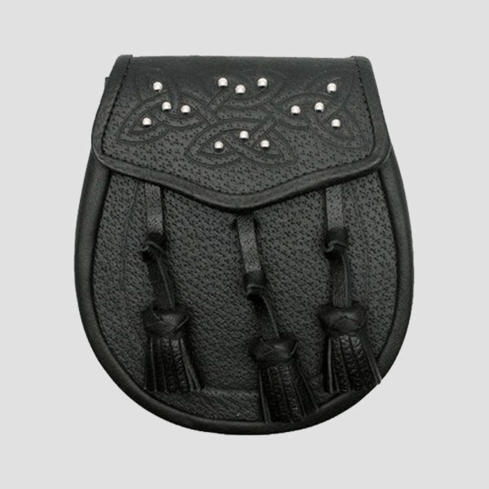 Celtic Embossed 14 Stud Black Leather Sporran - Kilt Kingdom