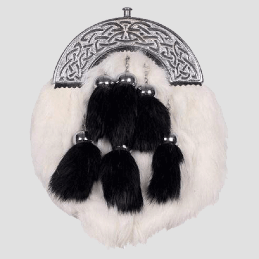 Chrome Celtic Cantle White Rabbit Sporran With 6 Black Fur Tassels - Kilt Kingdom