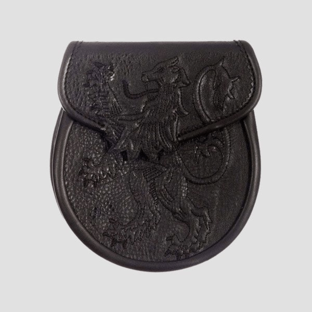 Lion Embossed Black Leather Sporran - Kilt Kingdom
