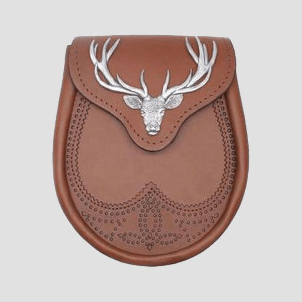 Stag Head Tan Brown Leather Sporran - Kilt Kingdom