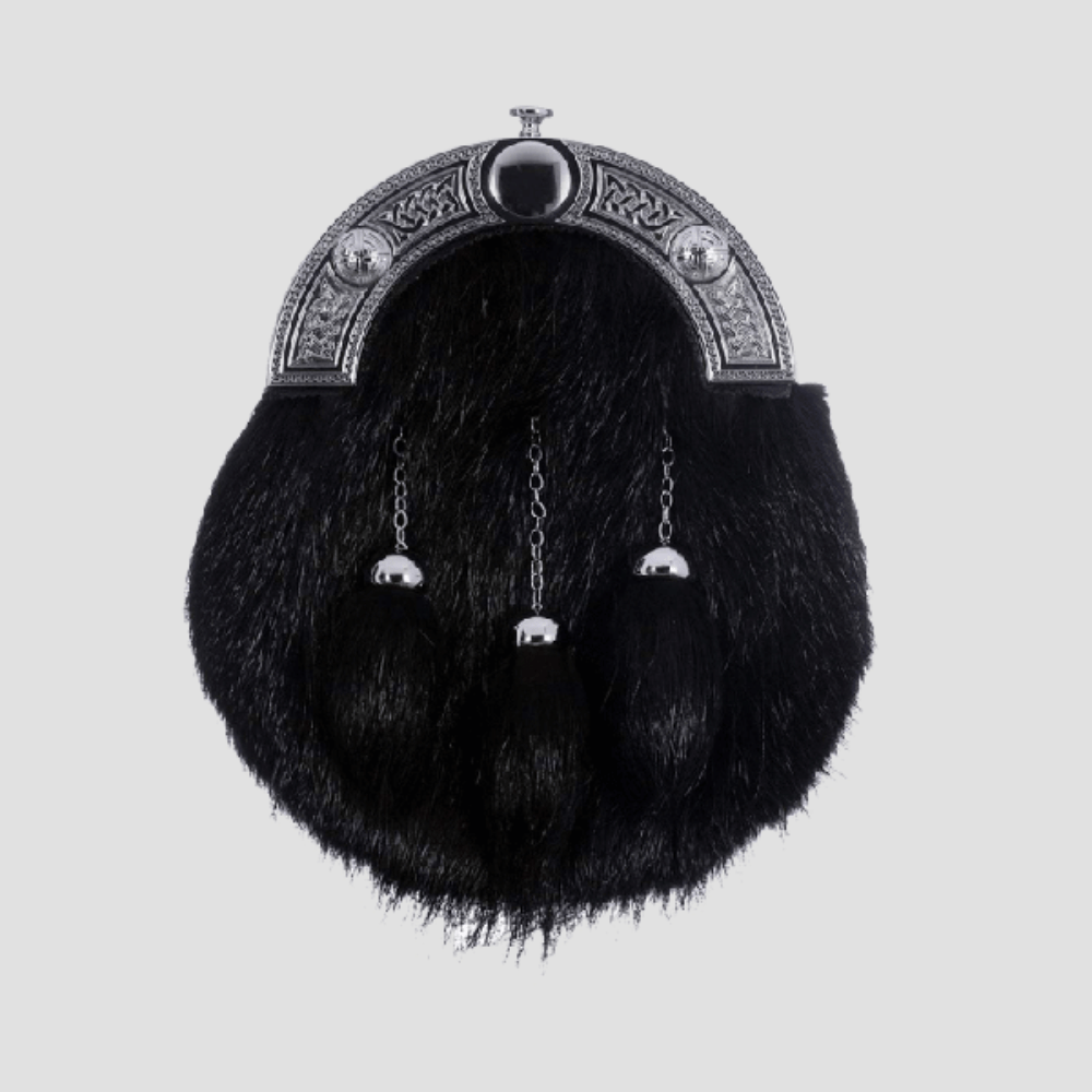 Full Dress Sporran Chrome Celtic Knot Black Nutria Fur With Free Chain Belt - Kilt Kingdom