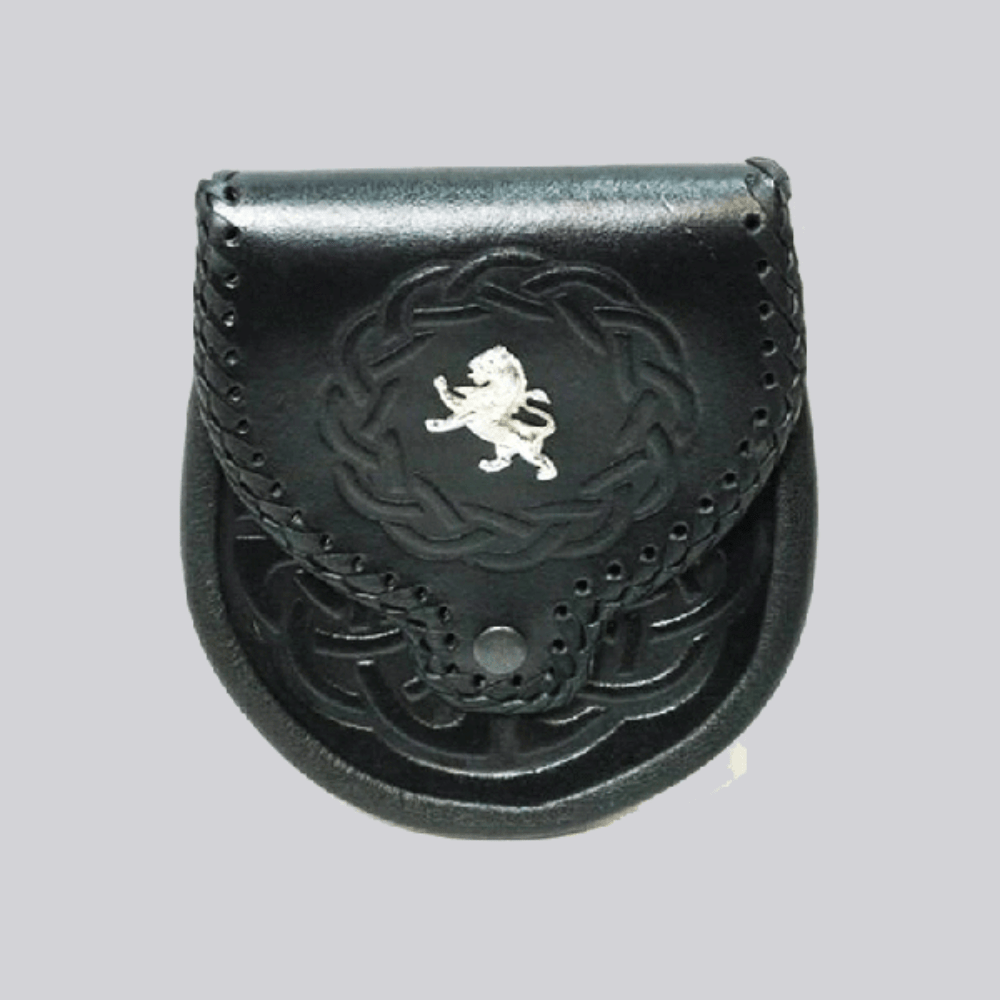 Thistle Crest Embossed Black Leather Sporran - Kilt Kingdom