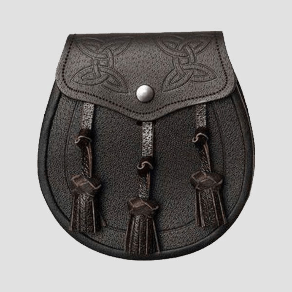 Twin Swirl Celtic Embossed Dark Brown Leather Sporran - Kilt Kingdom