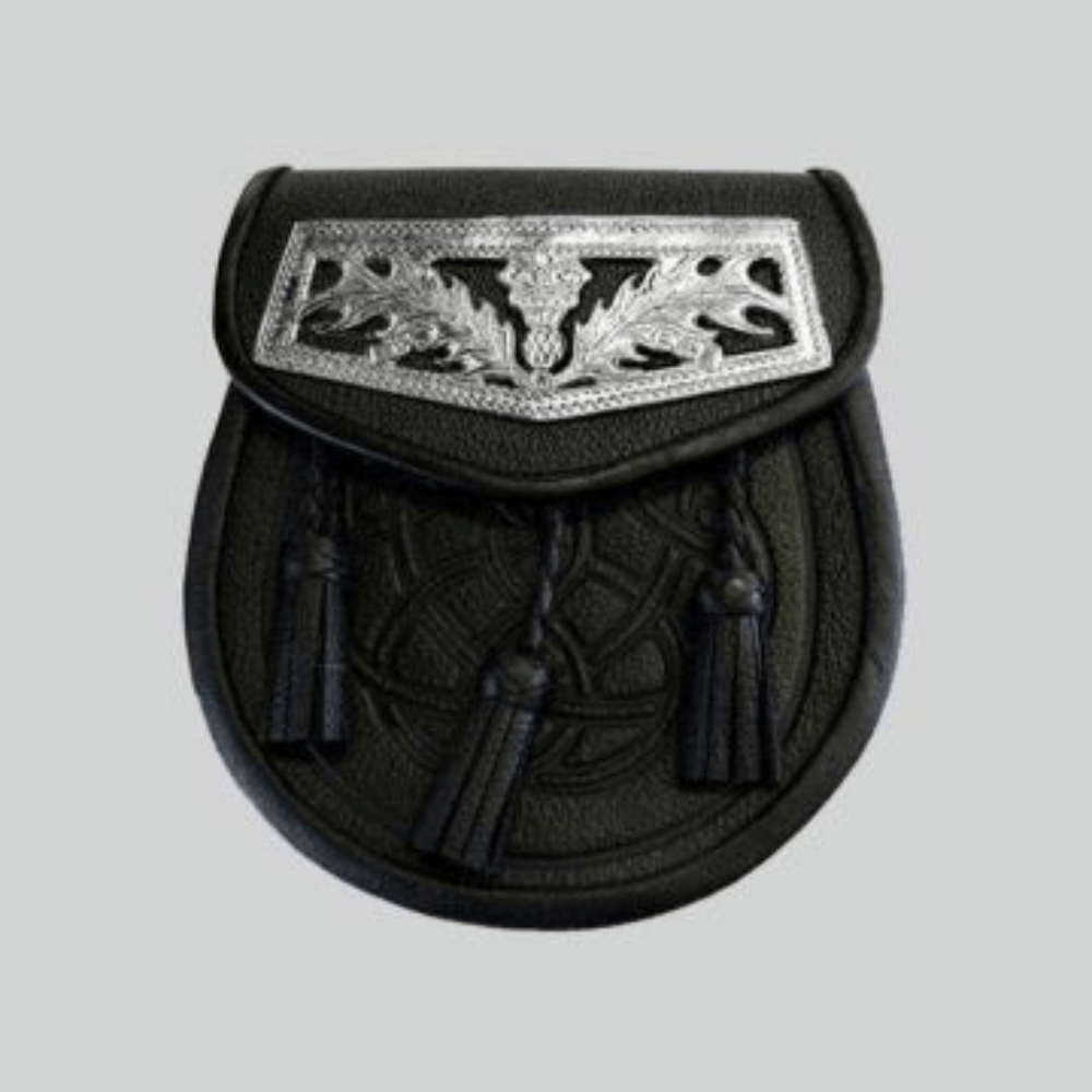 Black Celtic Embossed Thistle Plate Leather Sporran - Kilt Kingdom