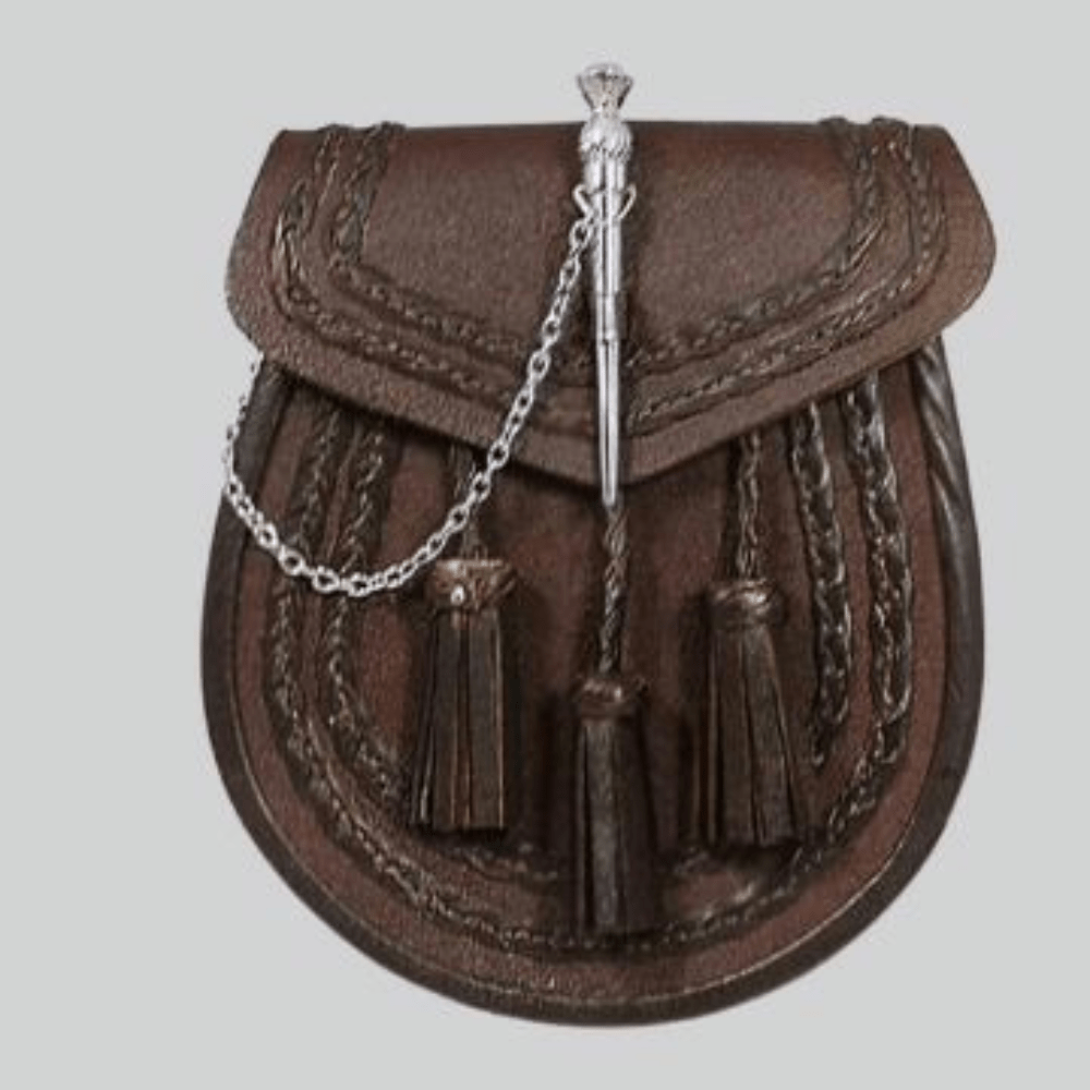 Brown Leather Braided Sporran - Thistle Pin Lock - Kilt Kingdom
