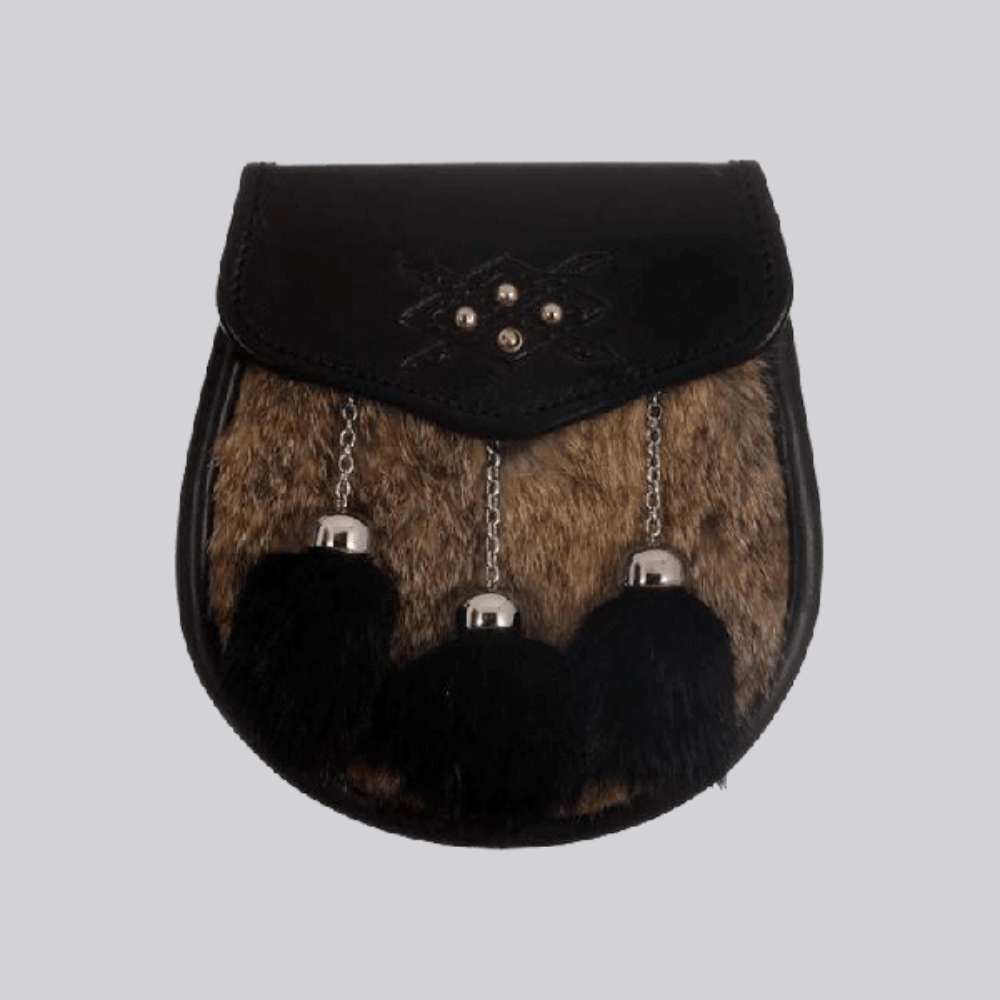 New Grey Black Rabbit Fur Cross Stud Embossed Semi Dress Sporran - Kilt Kingdom