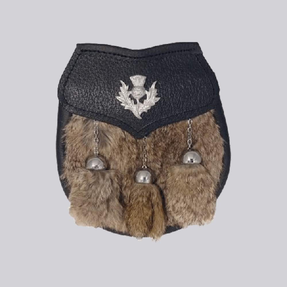 Thistle Emblem Grey Rabbit Fur Semi Dress Sporran - Kilt Kingdom