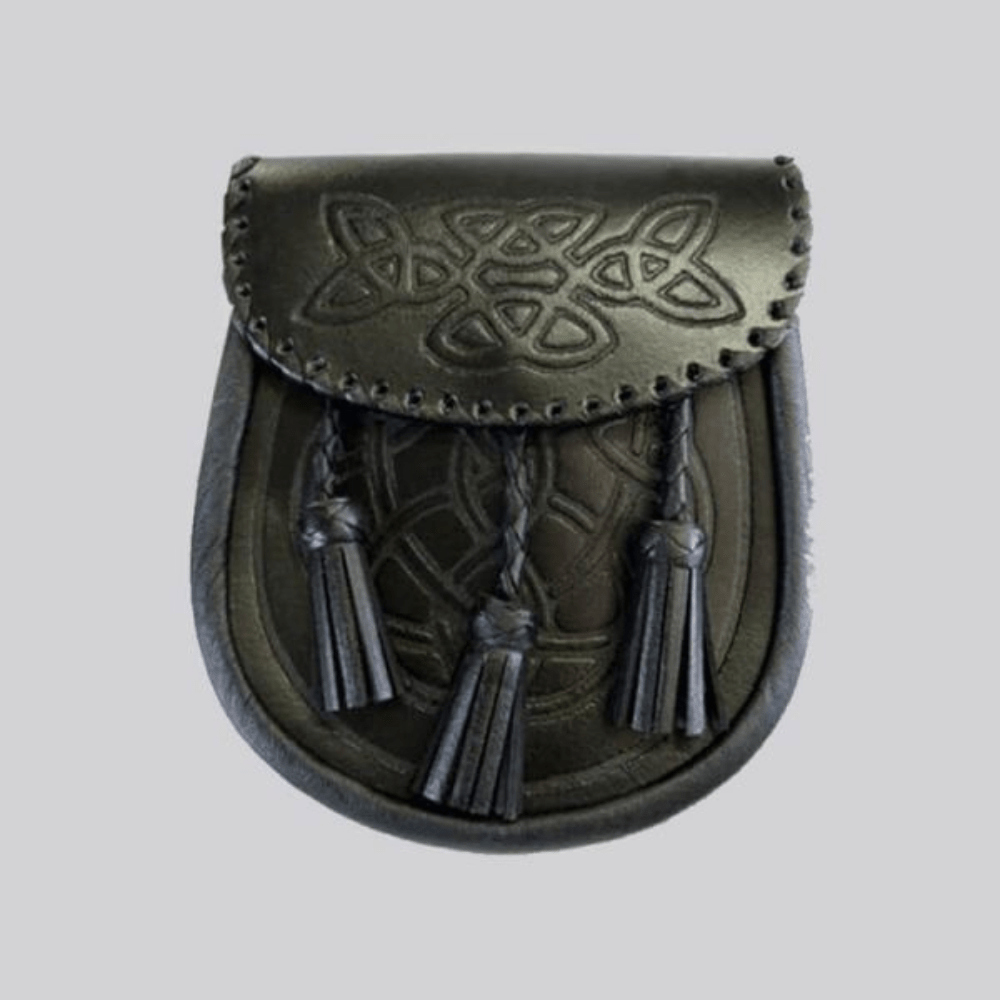 Black Leather Celtic Embossed Studded Leather Sporran With Free Chain Belt - Kilt Kingdom