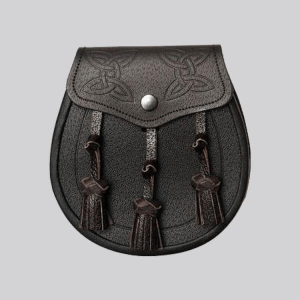 Black Leather Celtic Interweave Knotted Tassel Sporran With Free Chain Belt - Kilt Kingdom