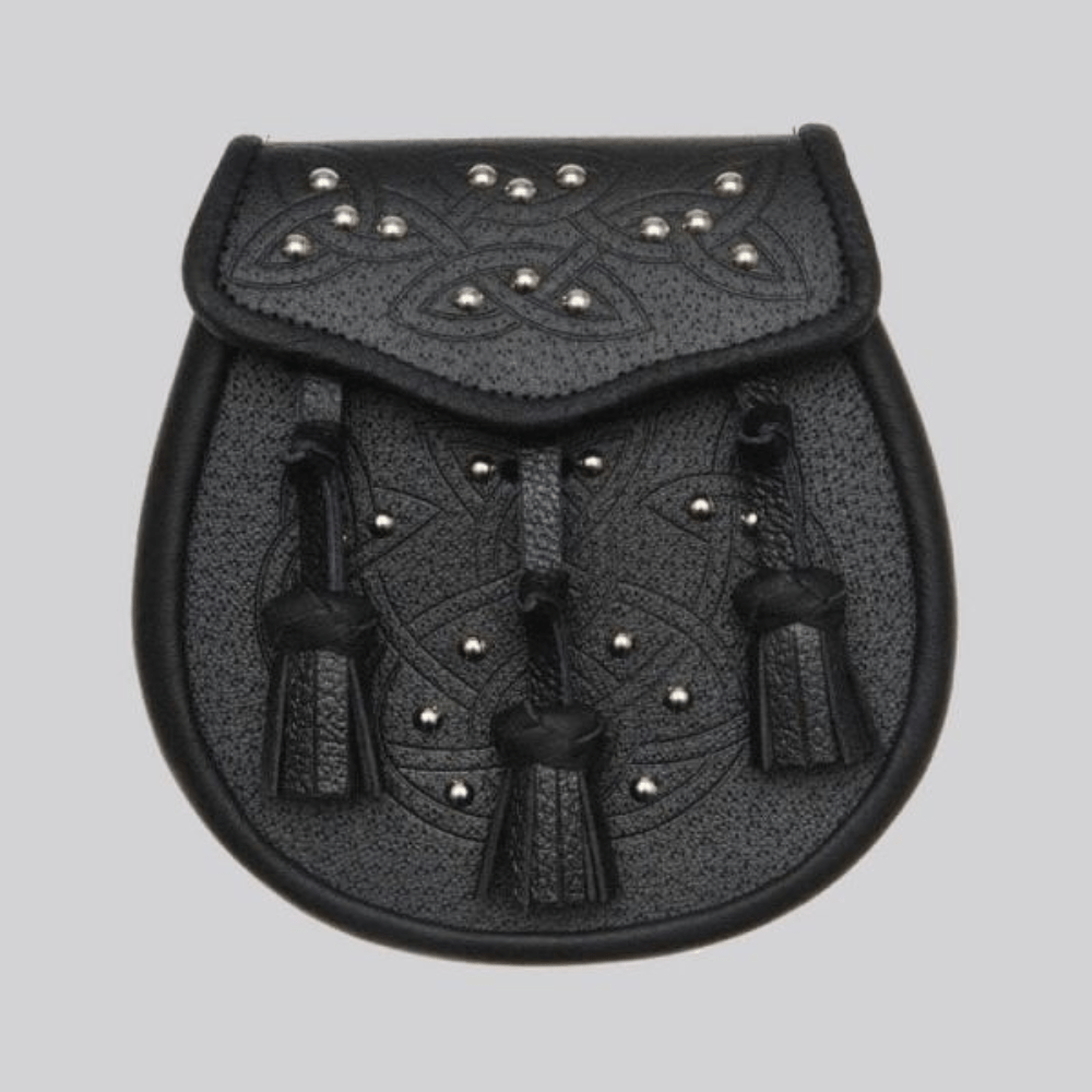 Black Leather Celtic Embossed Studded Leather Sporran With Free Chain Belt - Kilt Kingdom