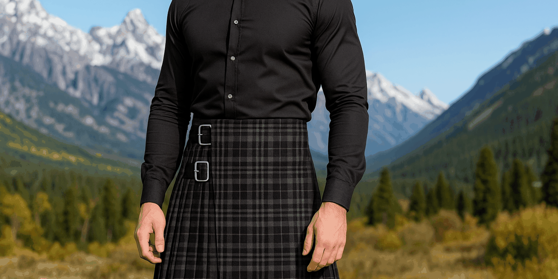 Black & Grey Tartan Kilt – Modeled View for Style Reference