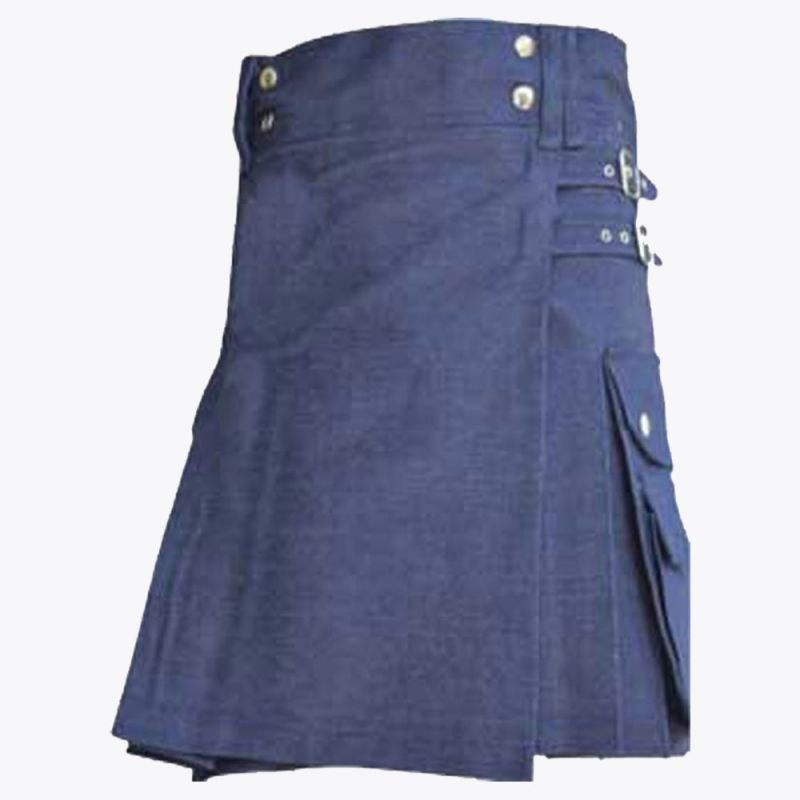 Blue Women Denim Utility Kilt Style With Cargo Pockets