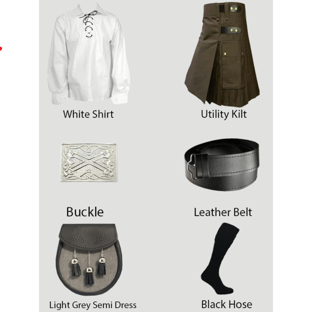 Brown Utility Kilt & White Shirt With Accessories Deal - Kilt Kingdom