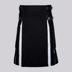 Hybrid Black Cotton Gothic Kilt Skirt with White Brocade Under Pleats