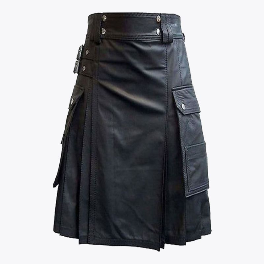 Black Leather Kilt with Cargo Pockets